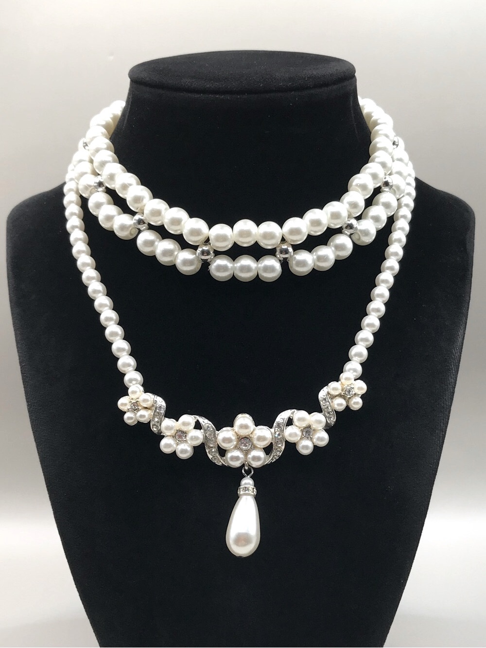 2 White Faux Pearl with Silver-Tone Accents Necklaces